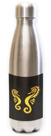 Innovate Scuba Concepts stainless steel water bottle with dual golden seahorse design on black background band