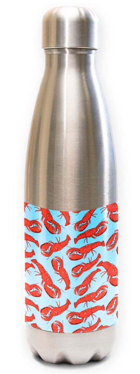 Innovate Scuba Concepts stainless steel water bottle with red lobster pattern on light blue background band