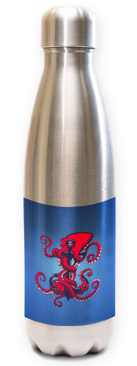 Innovate Scuba Concepts stainless steel water bottle with red octopus design on blue ocean background band