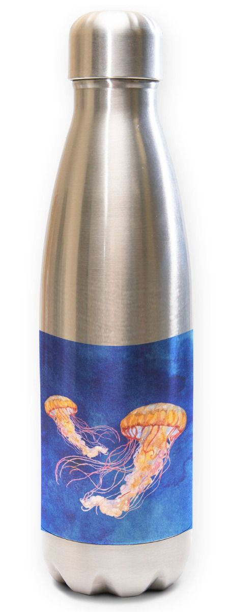 nnovate Scuba Concepts stainless steel water bottle with orange jellyfish design on blue ocean background band