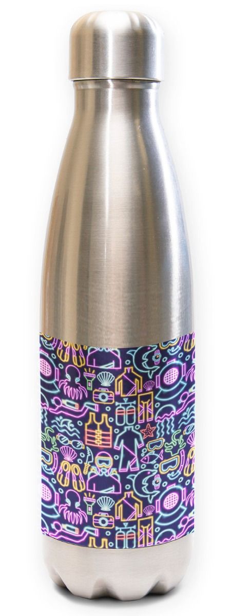 Innovate Scuba Concepts stainless steel water bottle with colorful marine life pattern including shells and sea creatures on purple background band