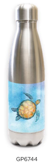 Innovate Scuba Concepts stainless steel water bottle with sea turtle swimming design on blue ocean background band