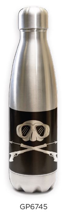 Innovate Scuba Concepts stainless steel water bottle with skull and crossbones pirate design on black background band