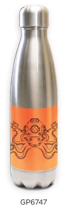 Stainless steel water bottle with orange diving helmet and octopus tentacle design - Innovate Scuba Concepts