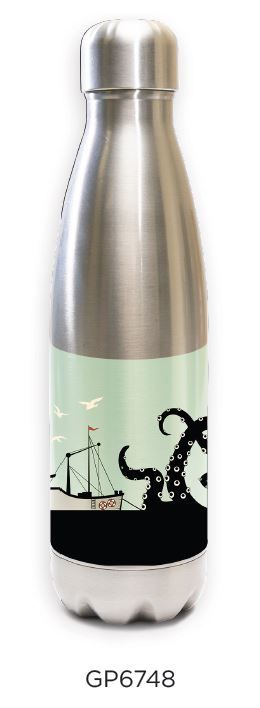 Stainless steel water bottle with mint green and black nautical design featuring sailing ship and octopus silhouette - Innovate Scuba Concepts