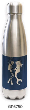 Stainless steel water bottle with navy blue design featuring white mermaid silhouette - Innovate Scuba Concepts