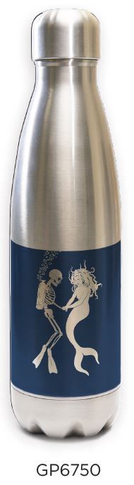Stainless steel water bottle with navy blue design featuring white mermaid silhouette - Innovate Scuba Concepts