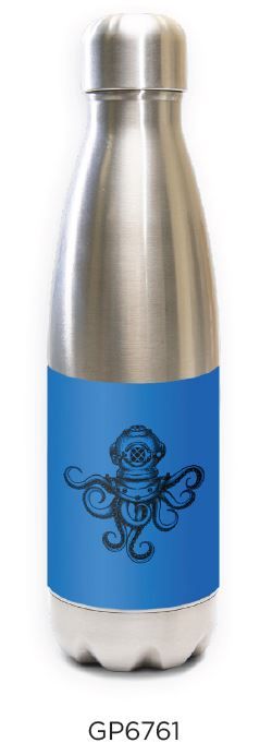 Stainless steel water bottle with bright blue design featuring diving helmet with octopus tentacles - Innovate Scuba Concepts