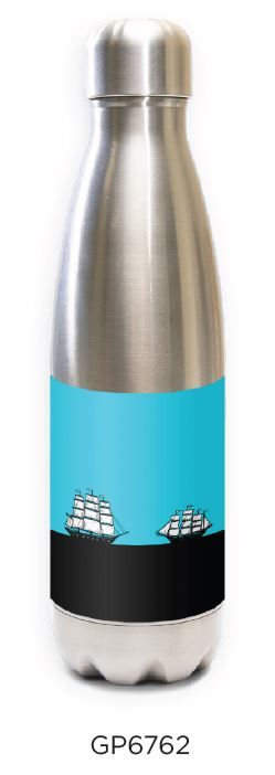 Stainless steel water bottle with light blue and black design featuring vintage sailing ships - Innovate Scuba Concepts