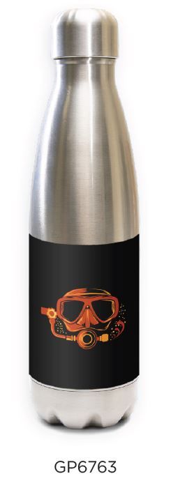 Stainless steel water bottle with black design featuring orange diving mask illustration - Innovate Scuba Concepts