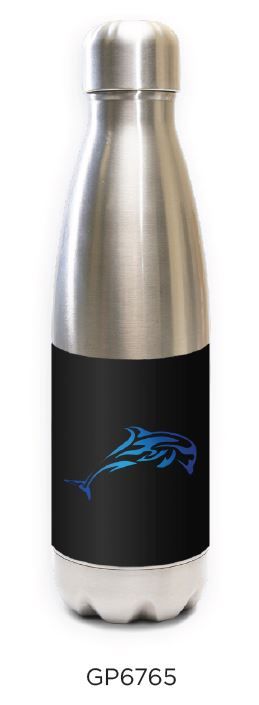 Stainless steel water bottle with black design featuring blue dolphin silhouette - Innovate Scuba Concepts