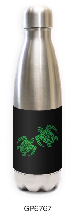 Innovate Scuba Concepts stainless steel water bottle with black wrap featuring green sea turtle design