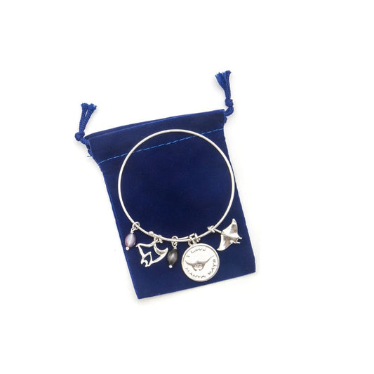 Innovate Scuba Concepts silver charm bracelet with marine-themed charms in blue velvet pouch