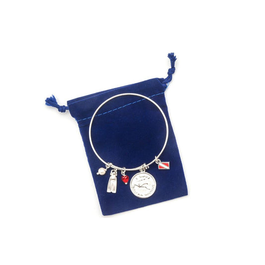 Innovate Scuba Concepts charm bracelet with diving flag and marine life pendants in blue drawstring pouch