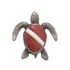 Silver sea turtle pendant with red and white dive flag design on shell, detailed flippers and head - Innovate Scuba Concepts marine life jewelry