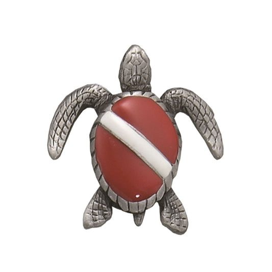 Silver sea turtle pendant with red and white dive flag design on shell, detailed flippers and head - Innovate Scuba Concepts marine life jewelry