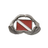 Silver shark jaw pendant with red and white dive flag design between open teeth - Innovate Scuba Concepts predator marine jewelry