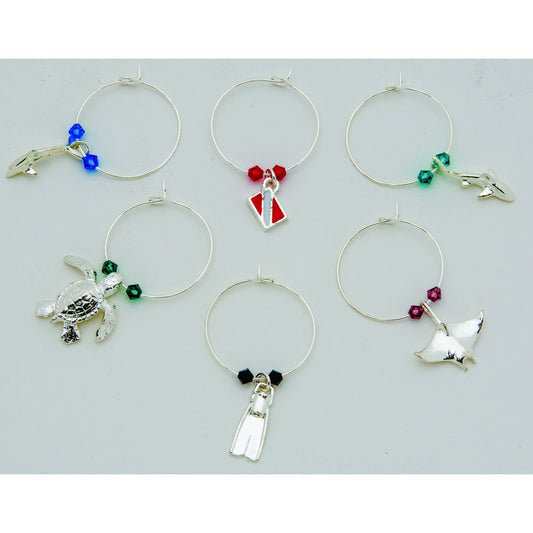 Set of 6 Innovate Scuba Concepts wine glass charms with colorful beads and scuba diving themed pendants including dive flag, turtle, and tank designs