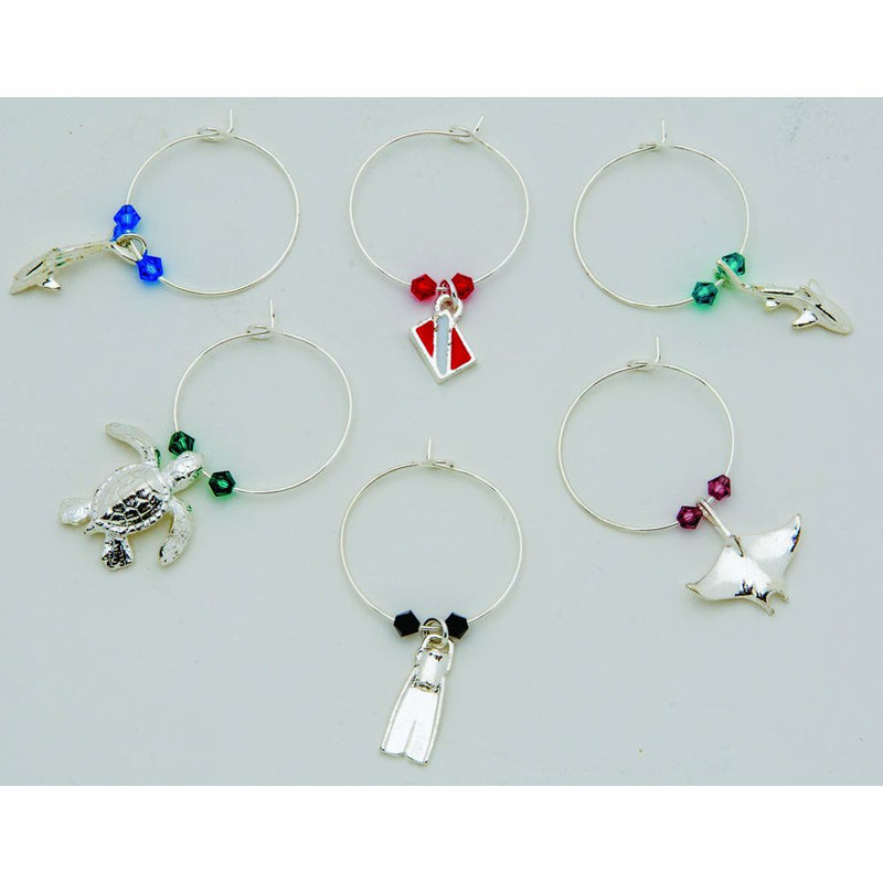Set of 6 Innovate Scuba Concepts wine glass charms with colorful beads and scuba diving themed pendants including dive flag, turtle, and tank designs