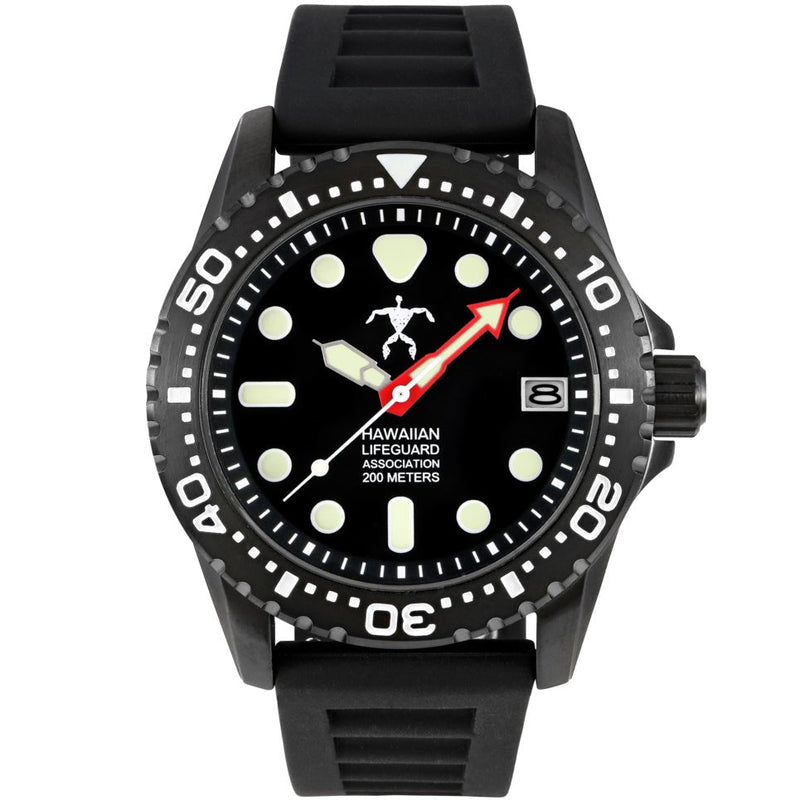 Hawaiian Lifeguard 42mm Black Case Dive Watch with Black Dial and Black Strap