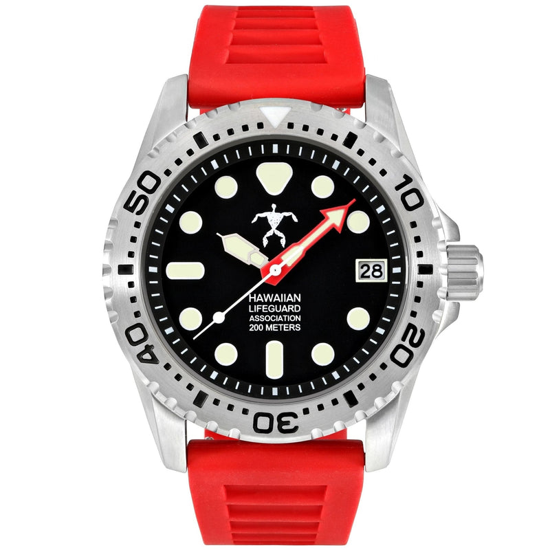 Hawaiian Lifeguard 42mm Steel Dive Watch with Black Dial and Red Strap