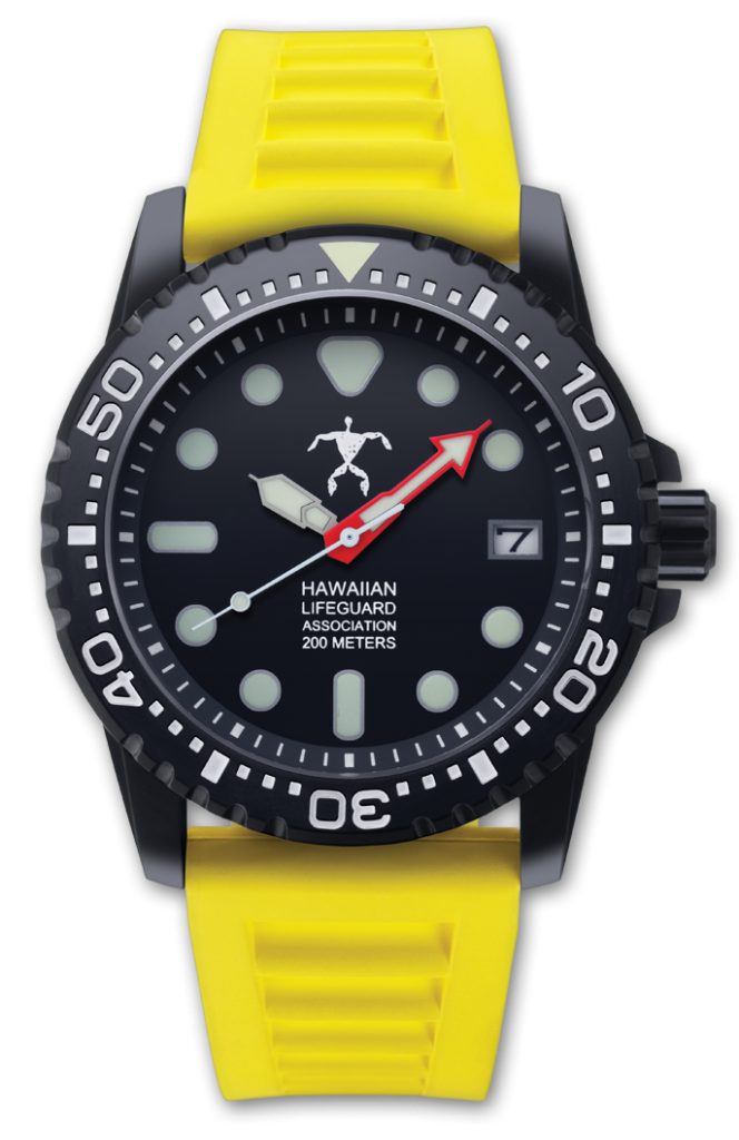 Hawaiian Lifeguard 42mm Black Case Dive Watch with Black Dial and Yellow Strap