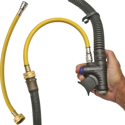 Innovate Scuba Concepts complete hookah diving system showing yellow air hose with quick-connect fittings and Sherwood regulator