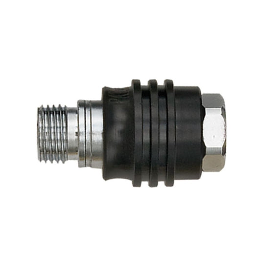 Innovate Scuba Concepts quick disconnect coupling with black rubber boot and stainless steel threaded fittings for scuba equipment
