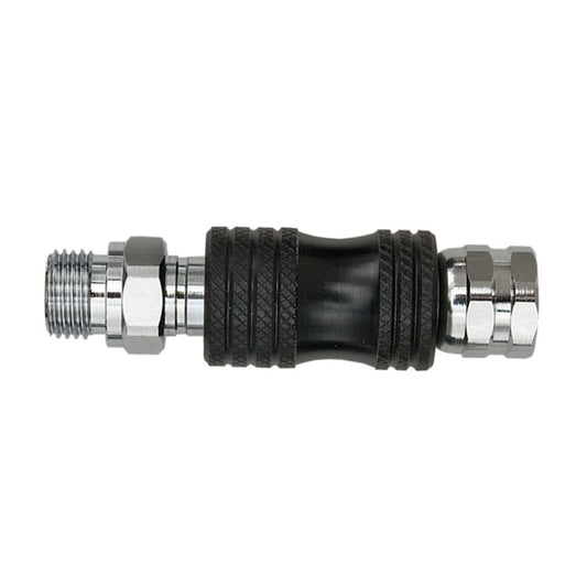 Innovate Scuba Concepts extended quick disconnect coupling with black protective sleeve and dual stainless steel connectors
