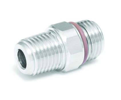 Innovate Scuba Concepts chrome-plated brass hose adapter with male threaded connections and red O-ring seal