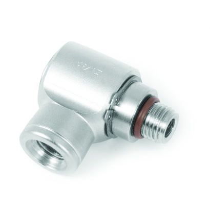Innovate Scuba Concepts 90-degree elbow hose adapter with male threaded fitting and chrome finish