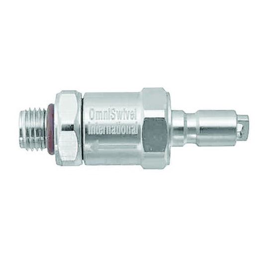 Innovate Scuba Concepts straight hose coupling connector with OmniSwivel International branding and chrome finish