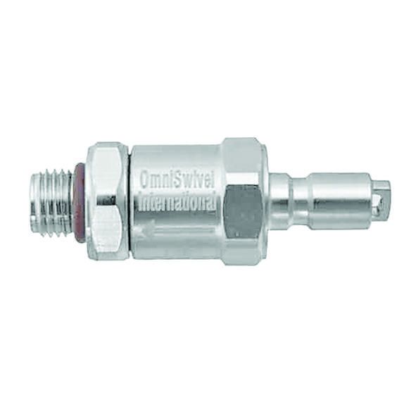 Innovate Scuba Concepts straight hose coupling connector with OmniSwivel International branding and chrome finish