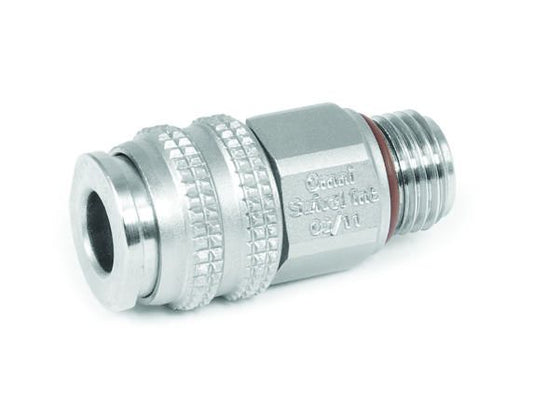Innovate Scuba Concepts quick-disconnect hose coupling with knurled grip surface and chrome-plated construction