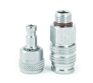 Innovate Scuba Concepts quick-release hose connector set showing male and female coupling components with chrome finish
