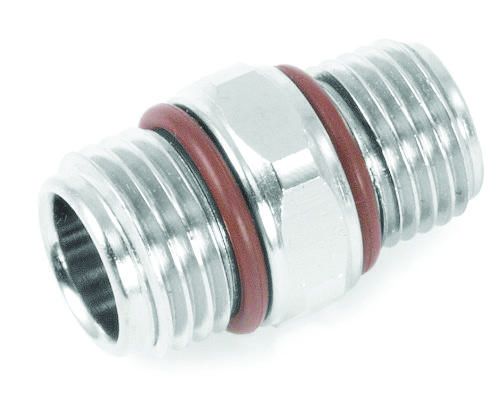 Innovate Scuba Concepts chrome-plated hose adapter with dual male threaded connections and O-ring seals