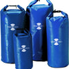 Set of blue waterproof dry bags in multiple sizes with "YOUR LOGO" branding, showing various capacity options for diving equipment