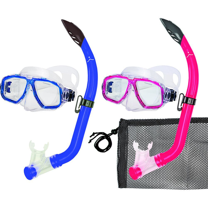 Junior snorkel sets in blue and pink colors with masks, snorkels and mesh storage bag by Innovative Scuba Concepts