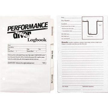Performance Diver Logbook cover and interior pages showing dive log entry forms and contact information fields - Innovative Scuba Concepts
