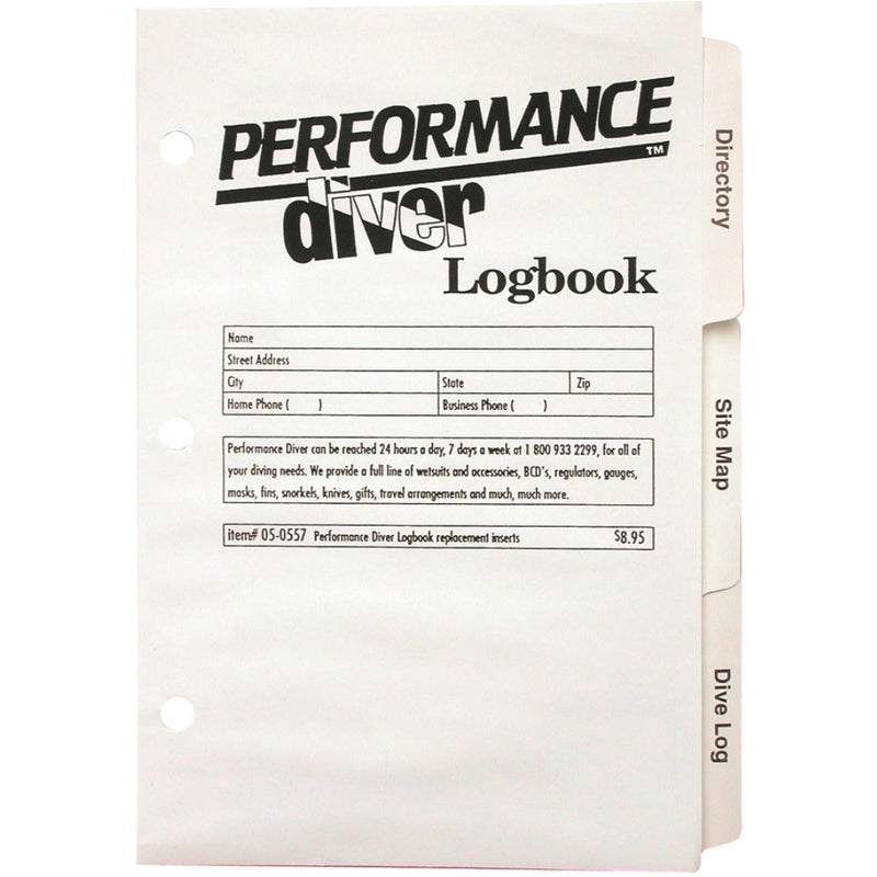Close-up of Performance Diver Logbook front cover with name and contact information entry fields, item #05-0557 priced at $8.95 - Innovative Scuba Concepts