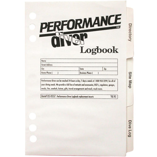 Performance Diver Logbook front cover detail showing complete contact form layout including name, address, and phone number fields - Innovative Scuba Concepts