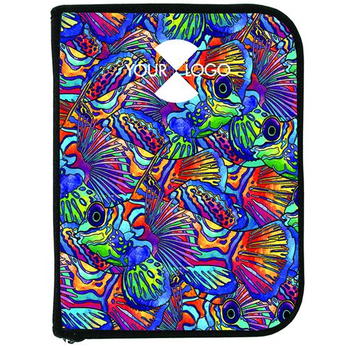 Colorful tropical fish scuba diving log book cover with vibrant mandarin fish pattern and white dive flag logo