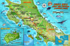 Costa Rica Coral Reef Creatures Caribbean Species Guide - Reverse side showing additional marine species, dive locations, and detailed map of Costa Rica's Caribbean coast with Panama border region