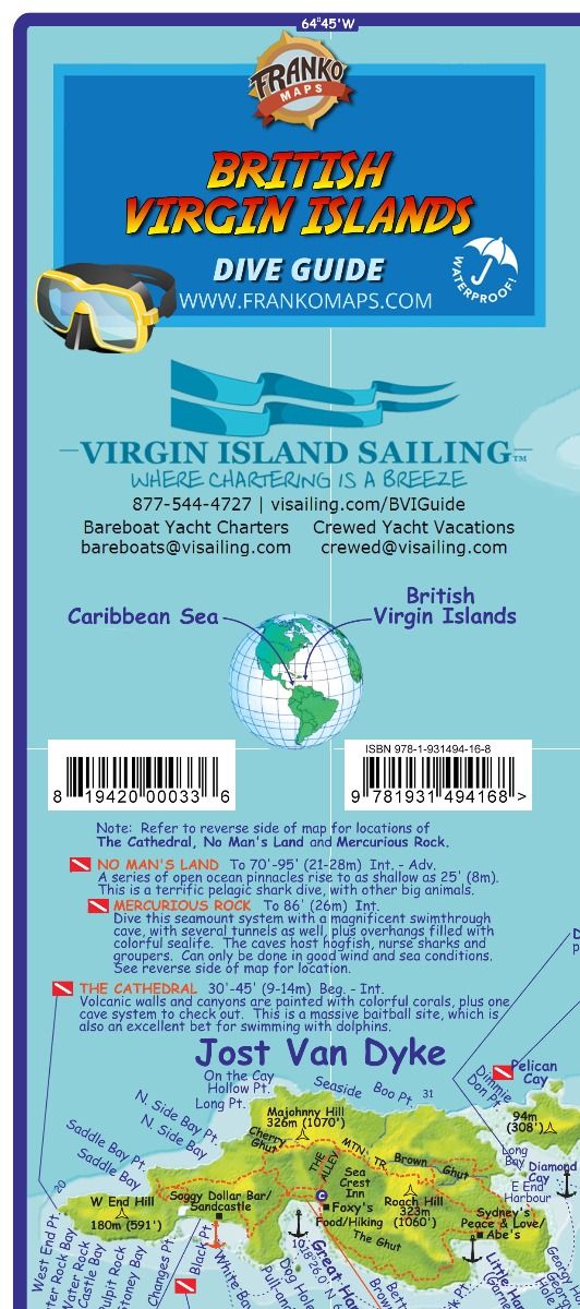British Virgin Islands Dive Guide waterproof map by Franko Maps showing Jost Van Dyke area with diving locations, depths, and sailing information for Caribbean diving and snorkeling