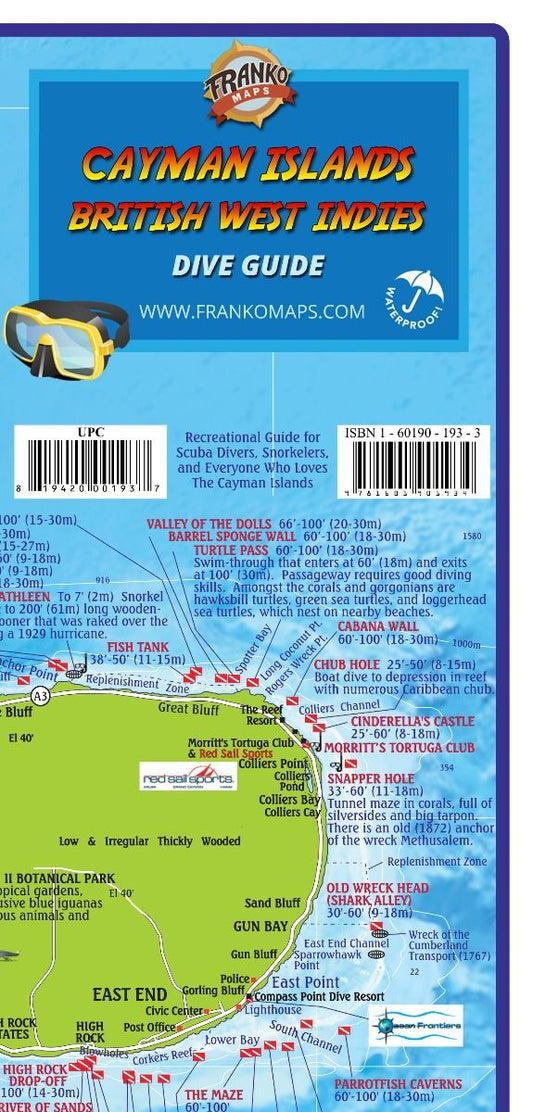 Cayman Islands British West Indies Dive Guide waterproof map featuring detailed diving sites, depths, marine life, and underwater topography for scuba diving and snorkeling adventures