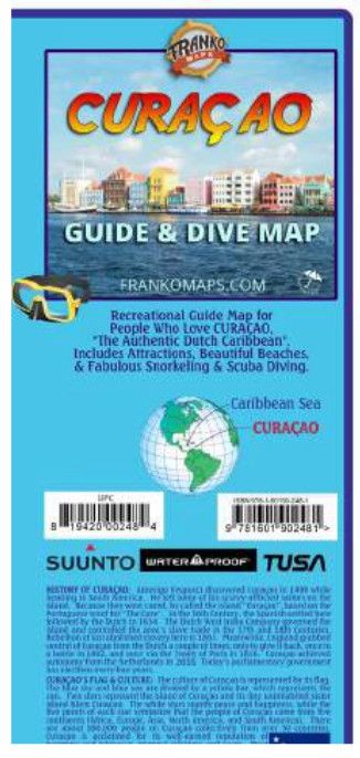 Curaçao Guide & Dive Map waterproof recreation map showing Dutch Caribbean diving locations, beaches, attractions, and snorkeling sites with colorful island overview