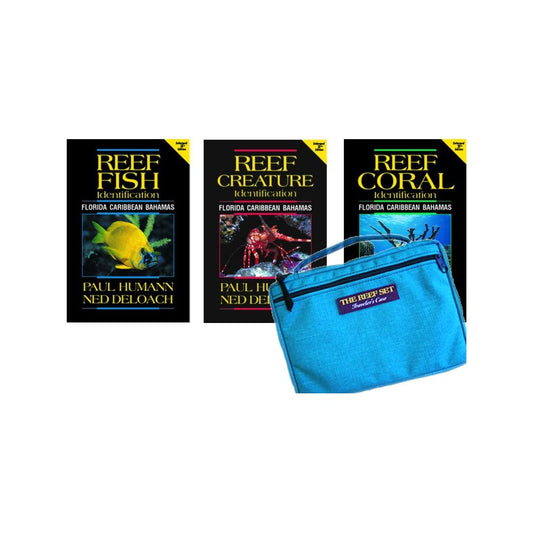 Reef Fish, Reef Creature, and Reef Coral identification books by Paul Humann and Ned DeLoach - Florida Caribbean Bahamas marine life guide set with blue carrying case