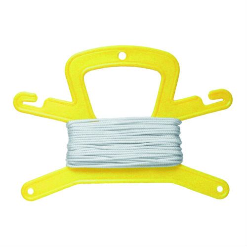 Yellow line holder with gray nylon line wound around center for scuba diving applications