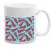 White ceramic mug featuring a pattern of red lobsters on a bright aqua blue background.