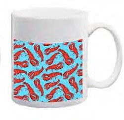 White ceramic mug featuring a pattern of red lobsters on a bright aqua blue background.